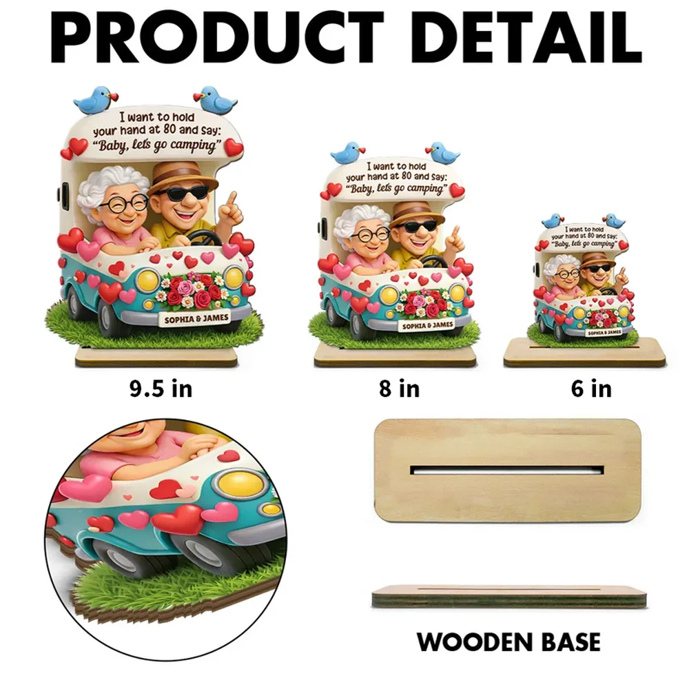 Personalized 2-Layer Wooden Plaque Cute Cartoon Couple in Camper Van 'Baby, let's go camping' Unique Gift for Him or Her - Image 4