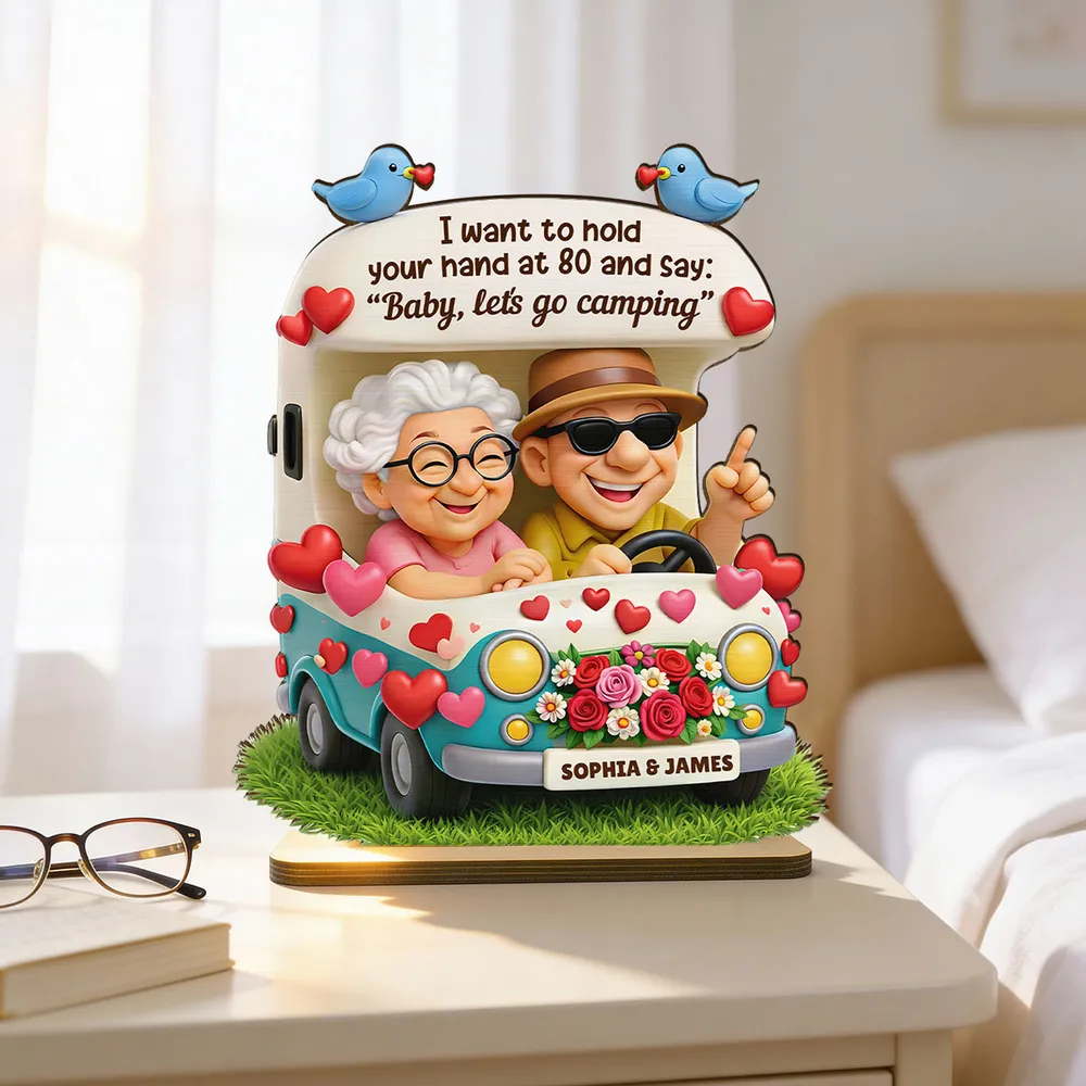 Personalized 2-Layer Wooden Plaque Cute Cartoon Couple in Camper Van 'Baby, let's go camping' Unique Gift for Him or Her - Image 8