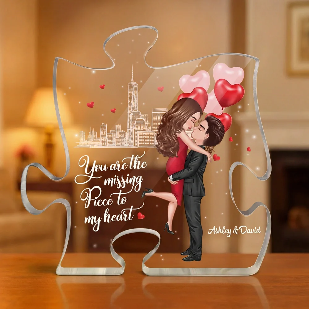 Personalized Puzzle Acrylic Block Plaque Hugging Couple With Hearts Romantic City Scene Unique Gift For Him Or Her