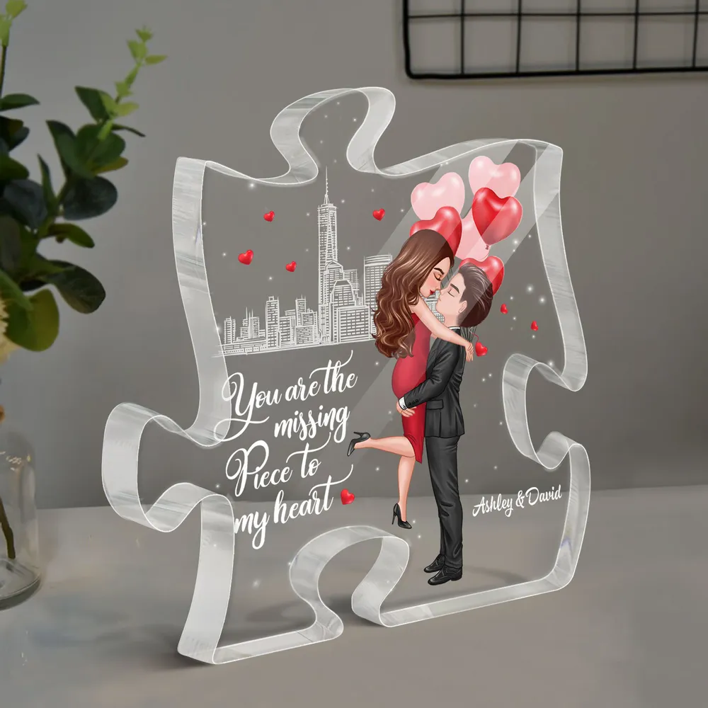 Personalized Puzzle Acrylic Block Plaque Hugging Couple With Hearts Romantic City Scene Unique Gift For Him Or Her - Image 2
