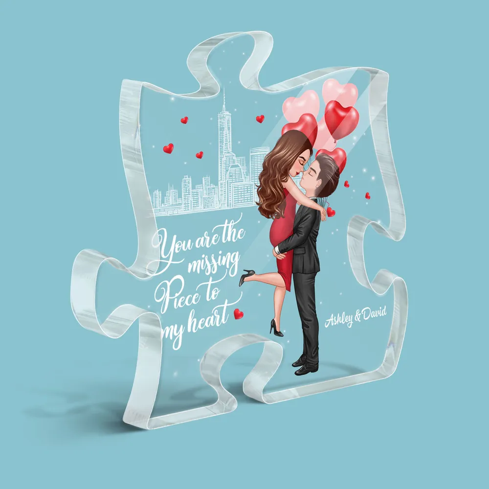 Personalized Puzzle Acrylic Block Plaque Hugging Couple With Hearts Romantic City Scene Unique Gift For Him Or Her - Image 5