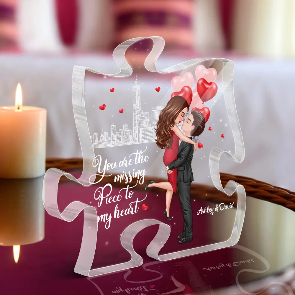 Personalized Puzzle Acrylic Block Plaque Hugging Couple With Hearts Romantic City Scene Unique Gift For Him Or Her - Image 7