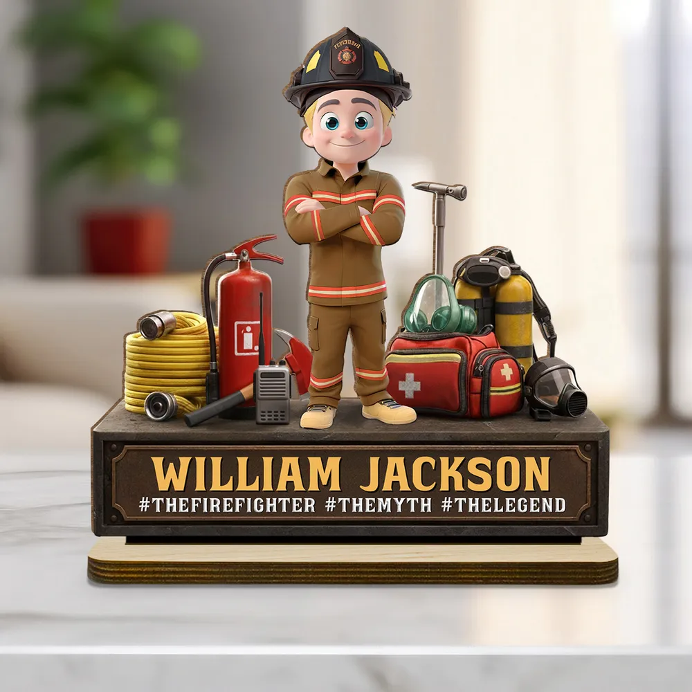Personalized Firefighter 2-Layer Wooden Plaque, Cartoon Hero Gear Display, Unique Gift for Firefighters - Image 2