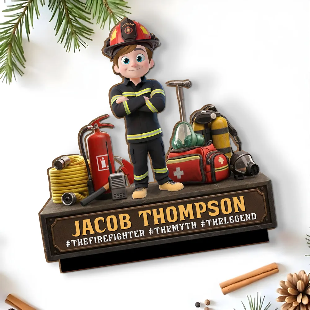 Personalized Firefighter 2-Layer Wooden Plaque, Cartoon Hero Gear Display, Unique Gift for Firefighters - Image 3