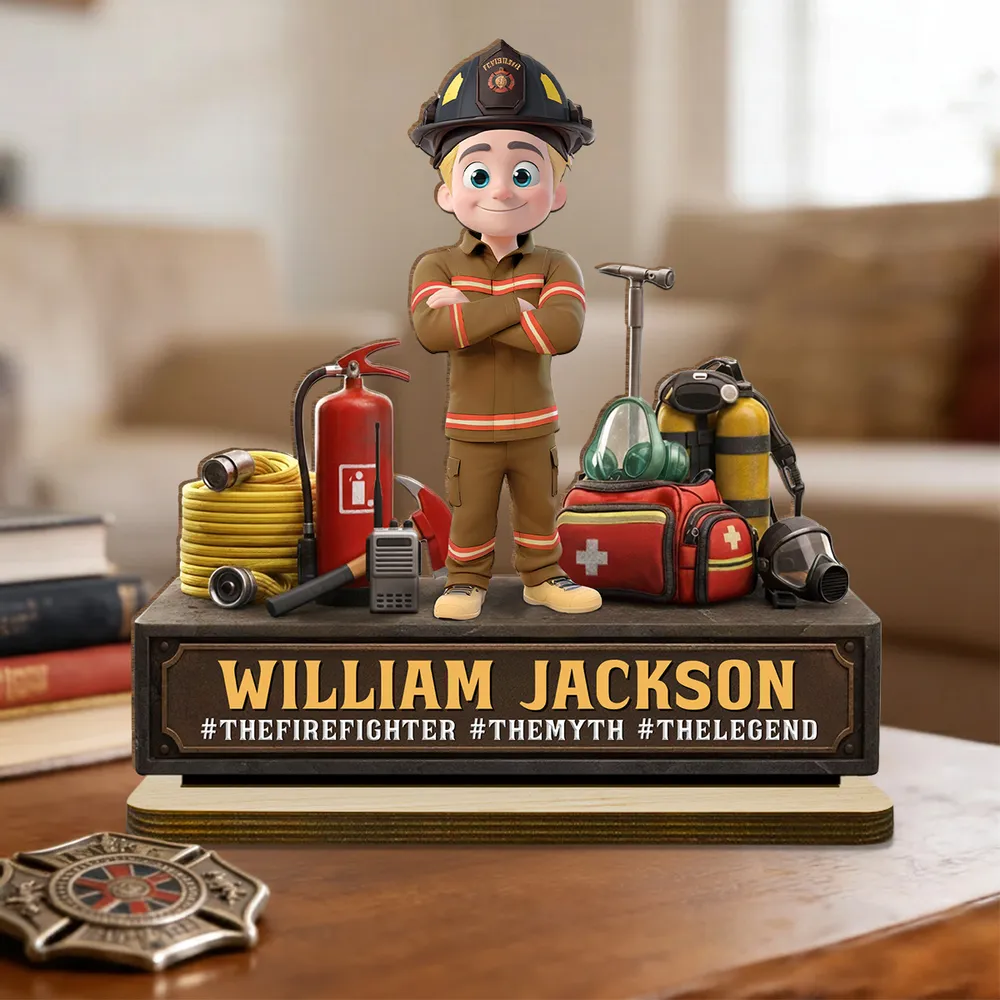 Personalized Firefighter 2-Layer Wooden Plaque, Cartoon Hero Gear Display, Unique Gift for Firefighters - Image 5
