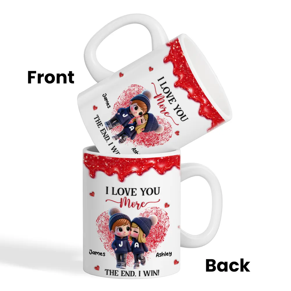 Personalized Ceramic Mug, Cute Cartoon Couple Kissing with Hearts, I Love You More I Win, Unique Valentine's Gift for Him or Her - Image 6