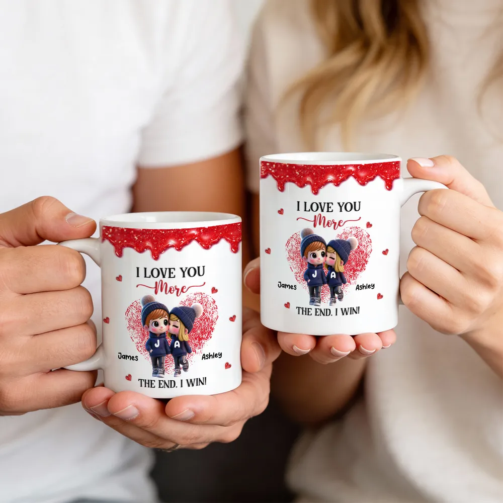 Personalized Ceramic Mug, Cute Cartoon Couple Kissing with Hearts, I Love You More I Win, Unique Valentine's Gift for Him or Her - Image 7