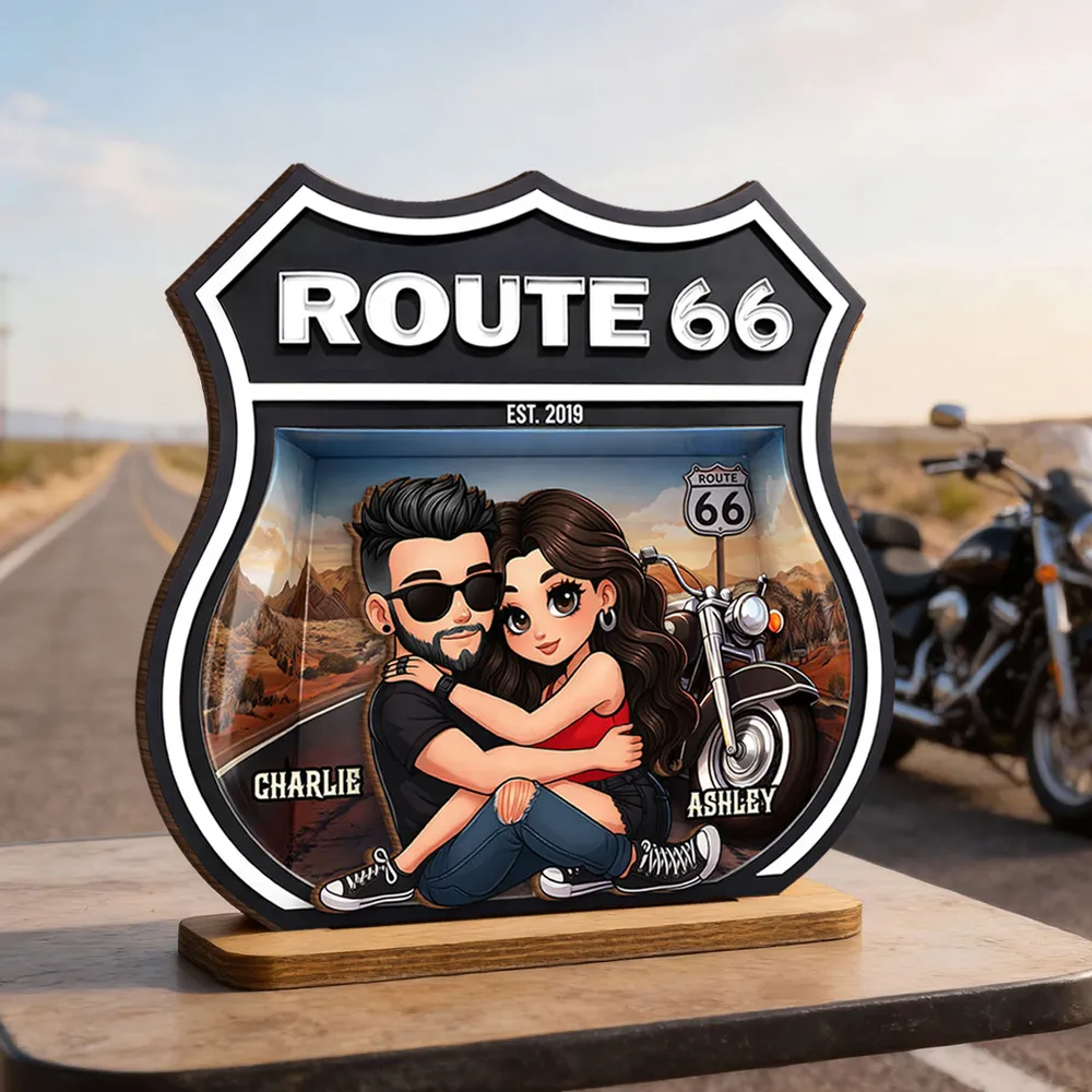 Personalized Route 66 Biker Couple 2-Layer Wooden Plaque for Motorcycle Lovers, Unique Romantic Gift for Couple - Image 2