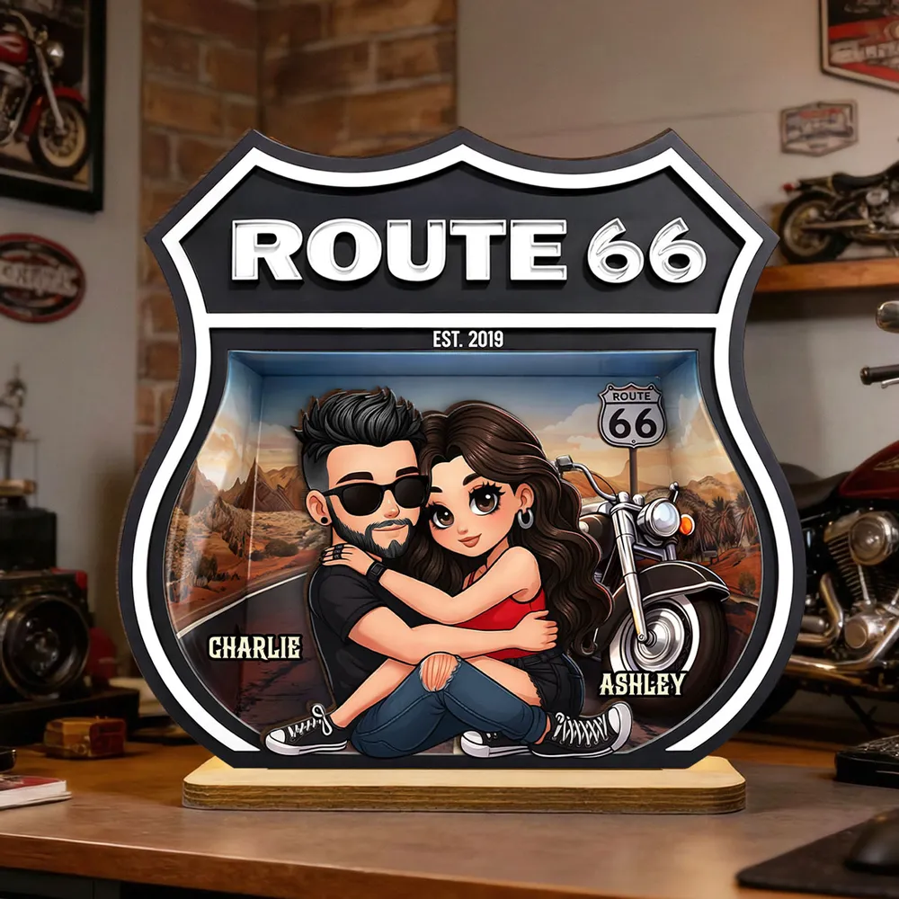 Personalized Route 66 Biker Couple 2-Layer Wooden Plaque for Motorcycle Lovers, Unique Romantic Gift for Couple - Image 5