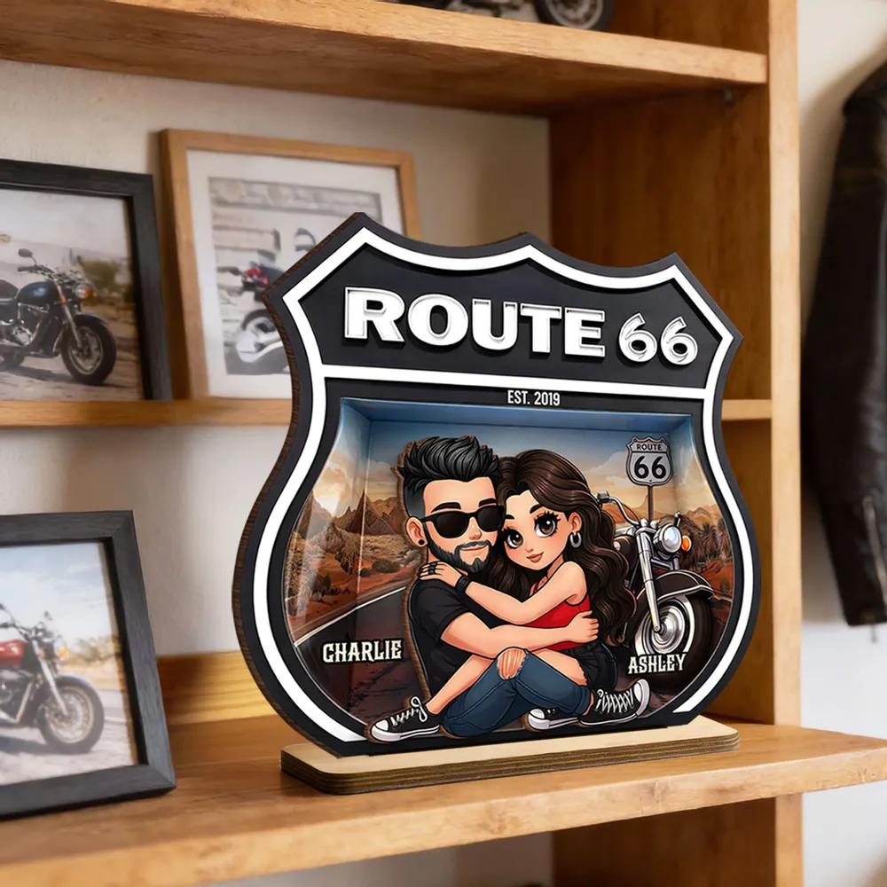Personalized Route 66 Biker Couple 2-Layer Wooden Plaque for Motorcycle Lovers, Unique Romantic Gift for Couple - Image 6