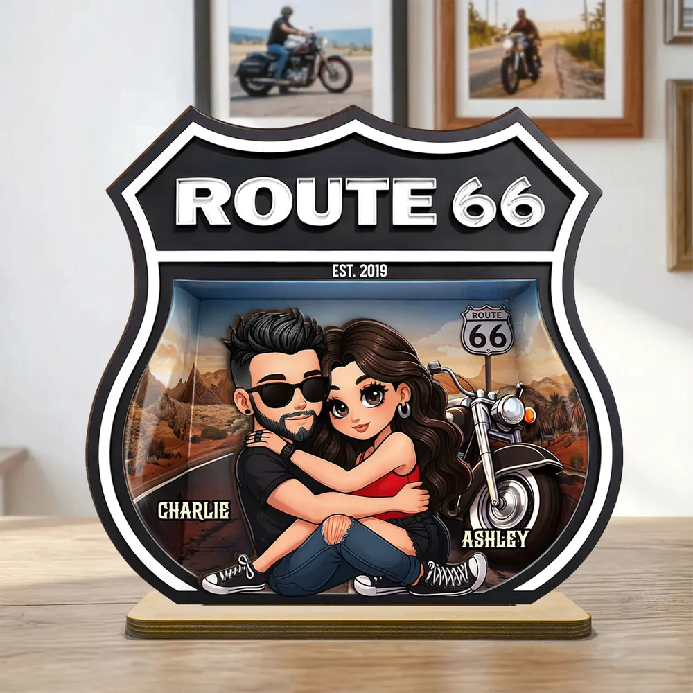 Personalized Route 66 Biker Couple 2-Layer Wooden Plaque for Motorcycle Lovers, Unique Romantic Gift for Couple - Image 7