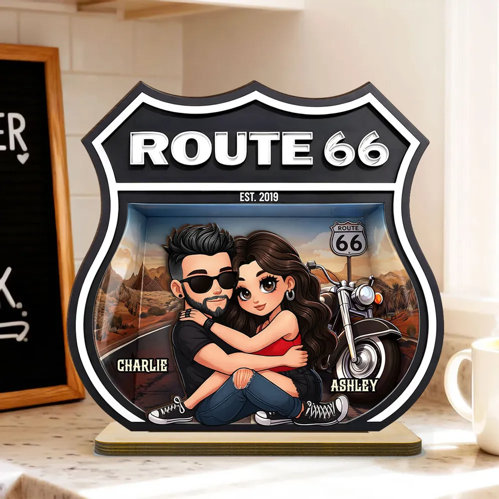 Personalized Route 66 Biker Couple 2-Layer Wooden Plaque for Motorcycle Lovers, Unique Romantic Gift for Couple - Image 8