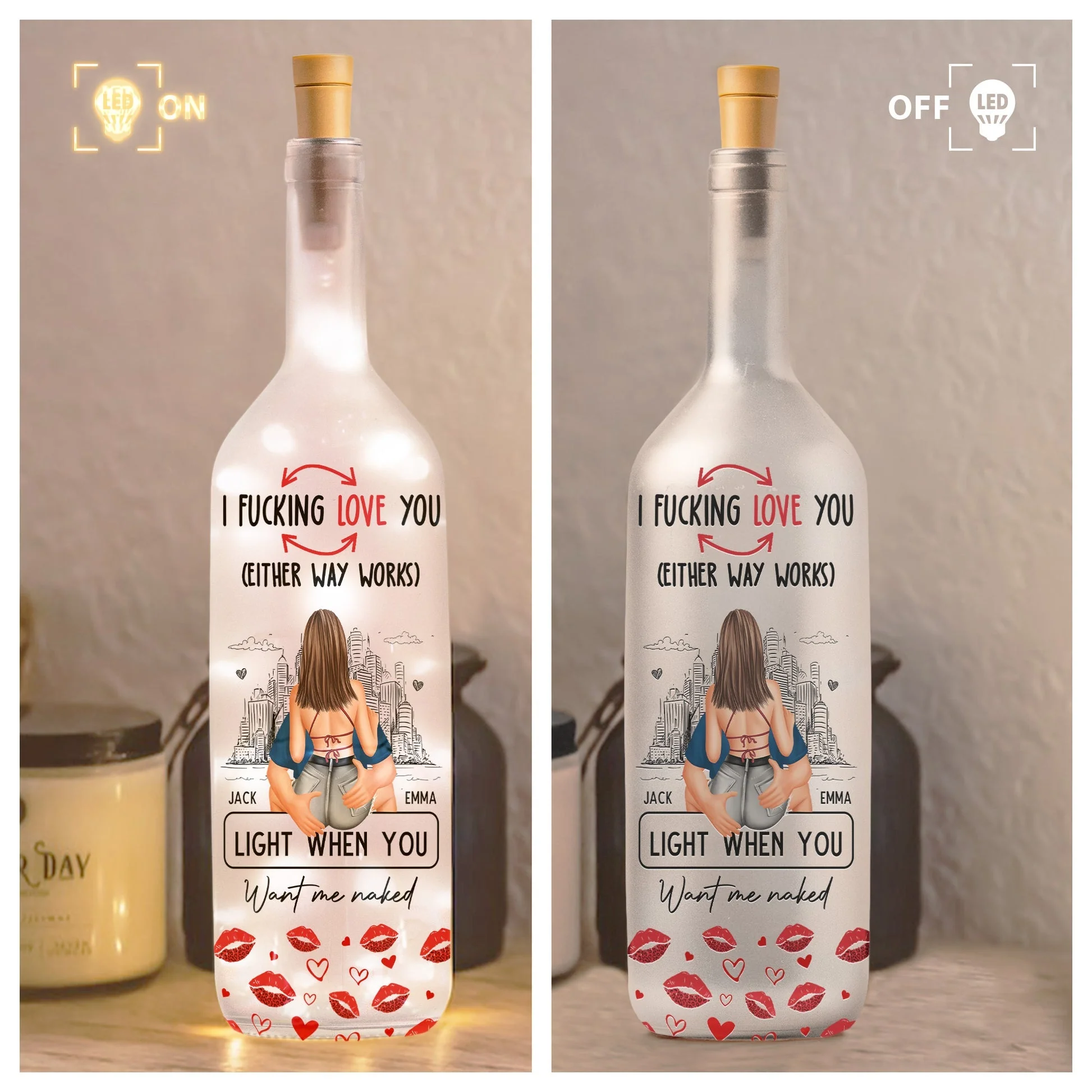 Bottle Lamp Romantic Back-Hug Couple City Sketch with Warm Glow, Personalized One-of-a-Kind Gift for Couples - Image 6