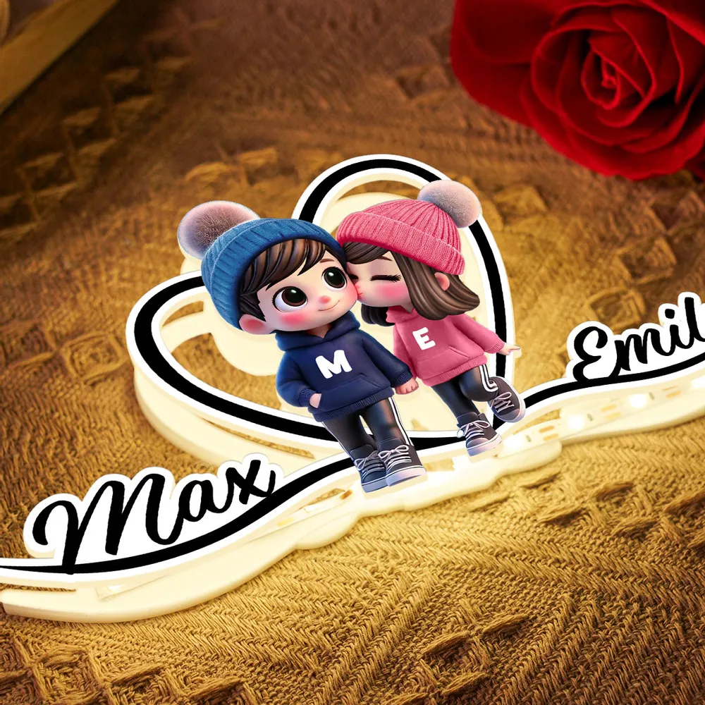 Personalized Cartoon Couple Kissing Heart Acrylic Light Box, Cozy Warm Glow Bedroom Decor, Unique Gift for Him or Her - Image 3