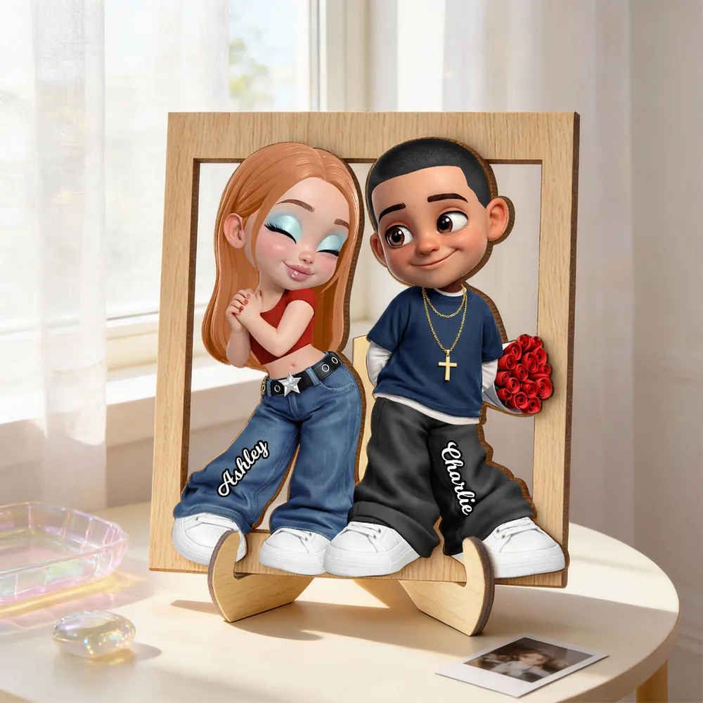 Personalized 2-Layer Wooden Plaque Y2K Cartoon Couple Holding Roses Unique Gift For Him Or Her - Image 6
