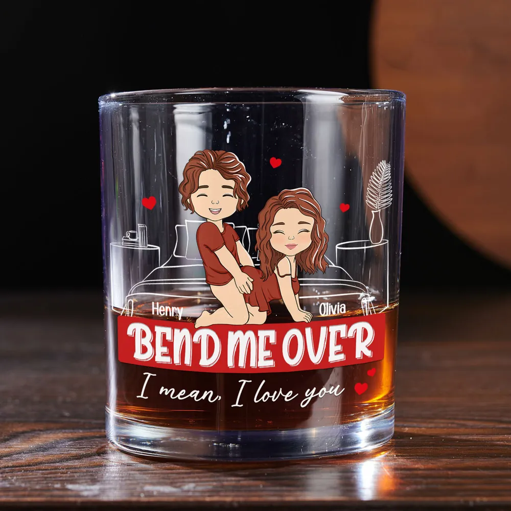 Custom Whiskey Glass with Playful Bedroom Couple Art 'I mean, I love you' Unique Romantic Gift - Image 3