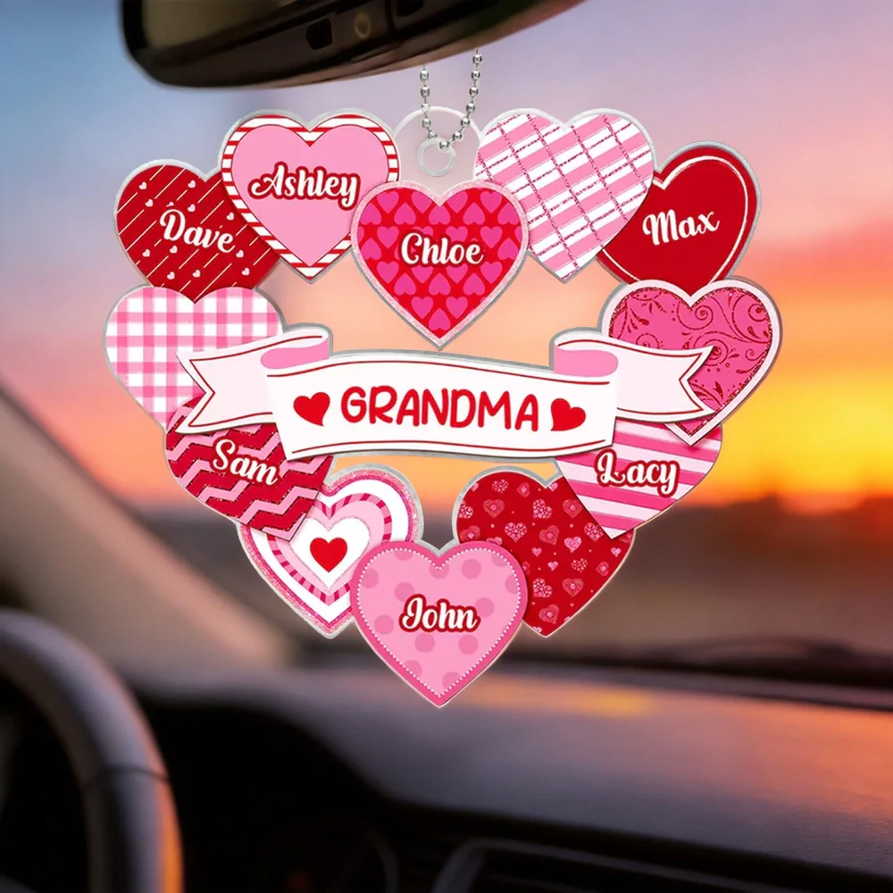 Grandma Sweethearts Acrylic Car Hanger, Personalized Heart Mirror Charm for Daily Smiles, Thoughtful Gift for Grandma