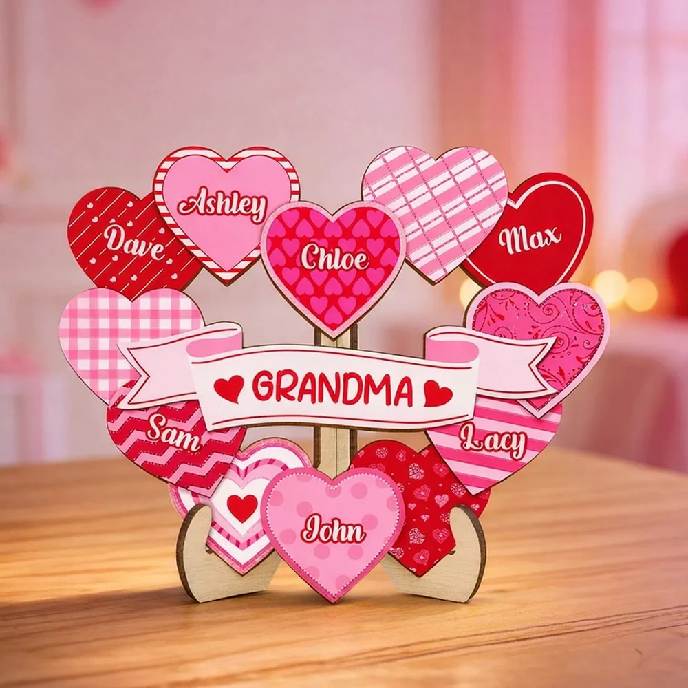 2-Layer Wooden Plaque with Pink Heart Bouquet and Grandma Banner, Personalized Grandkids Names, Heartfelt Gift