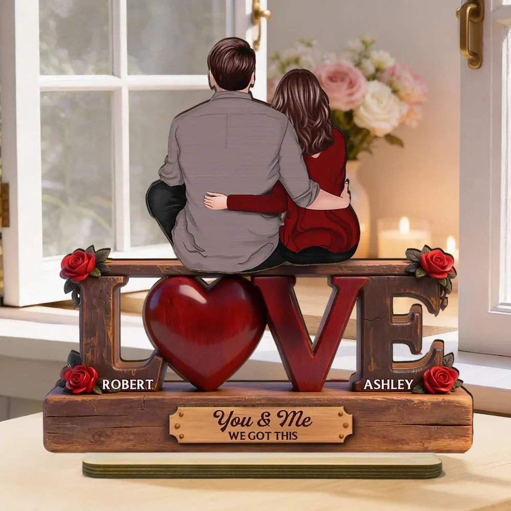 2-Layer Wooden Plaque Personalized Love Keepsake, Couple Sitting Embracing with Roses, Sweet You & Me Gift