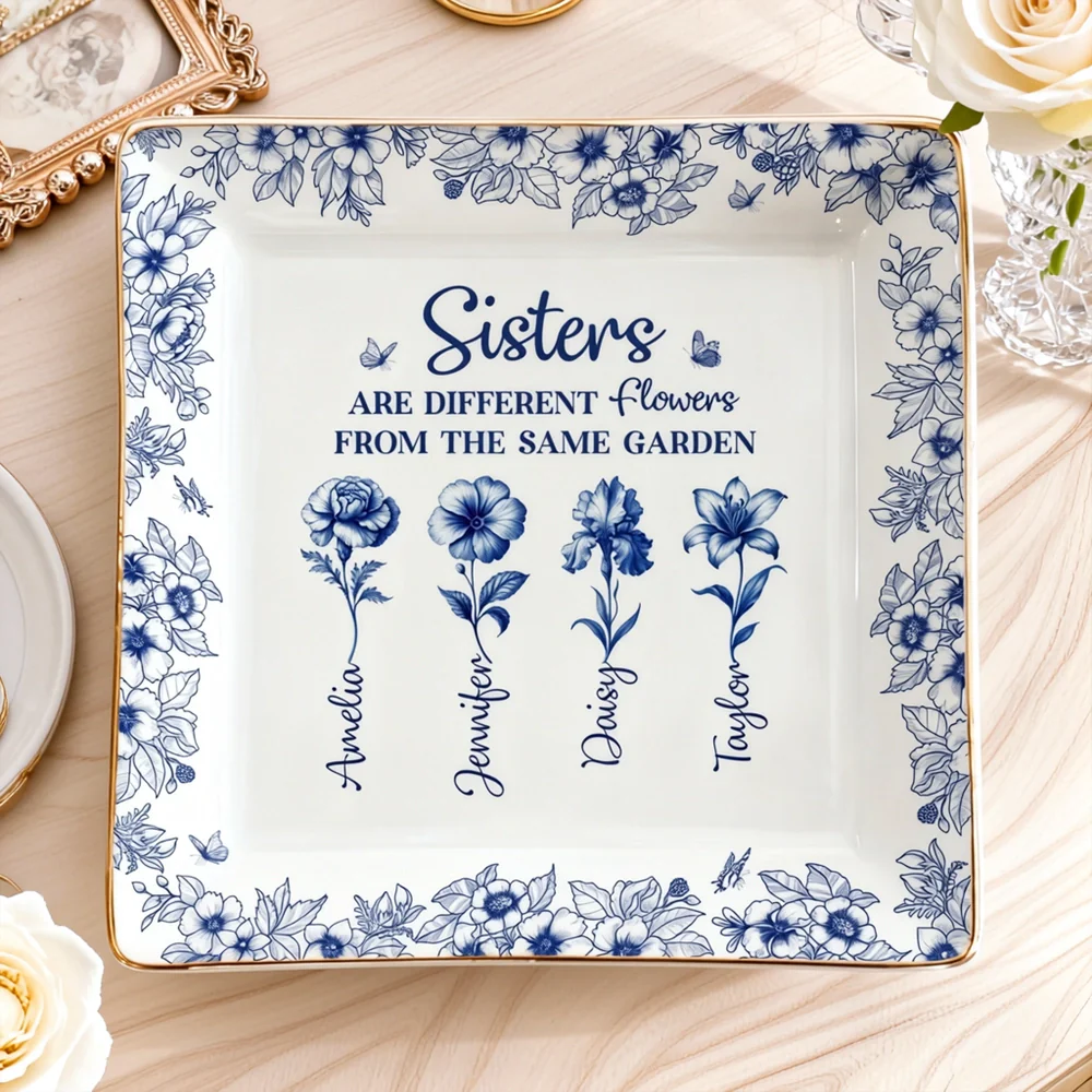 Personalized Sisters Jewelry Dish, Custom Floral Vanity Decor, Unique Gift for Sister, Sweet Daily Keepsake