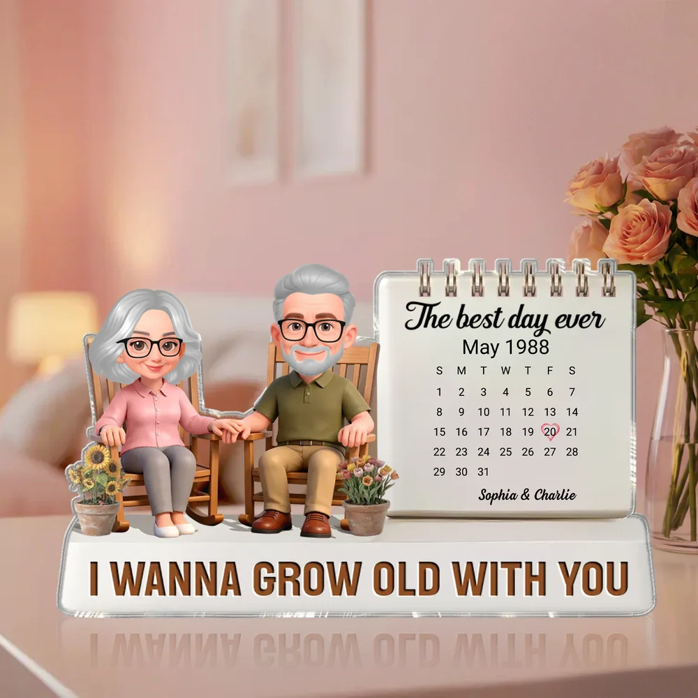 Personalized Shaped Acrylic Block Plaque with Couple Holding Hands and Calendar Scene, Unique Anniversary Gift for Wife or Husband