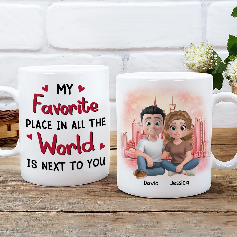 Personalized Ceramic Mug Cartoon Couple Sitting by City Skyline Unique Romantic Gift for Him or Her - Image 3