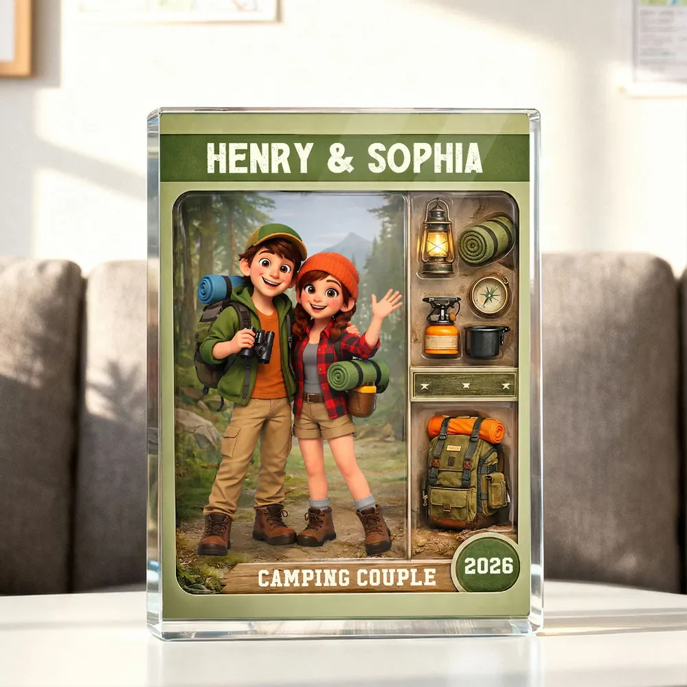 Personalized Camping Couple Rectangle Acrylic Block Plaque, Cute Cartoon Hikers Desk Decor, Unique Gift for Couples - Image 3