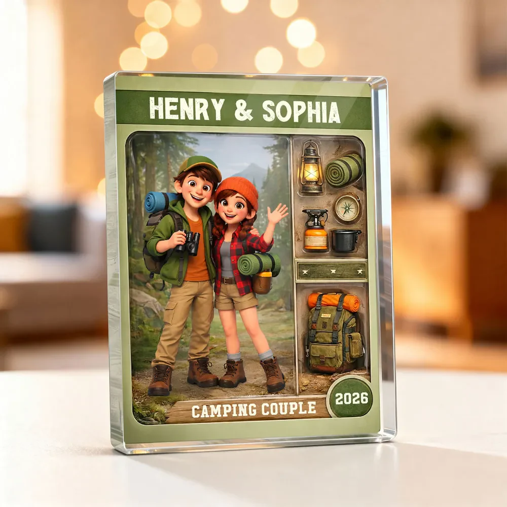 Personalized Camping Couple Rectangle Acrylic Block Plaque, Cute Cartoon Hikers Desk Decor, Unique Gift for Couples - Image 6