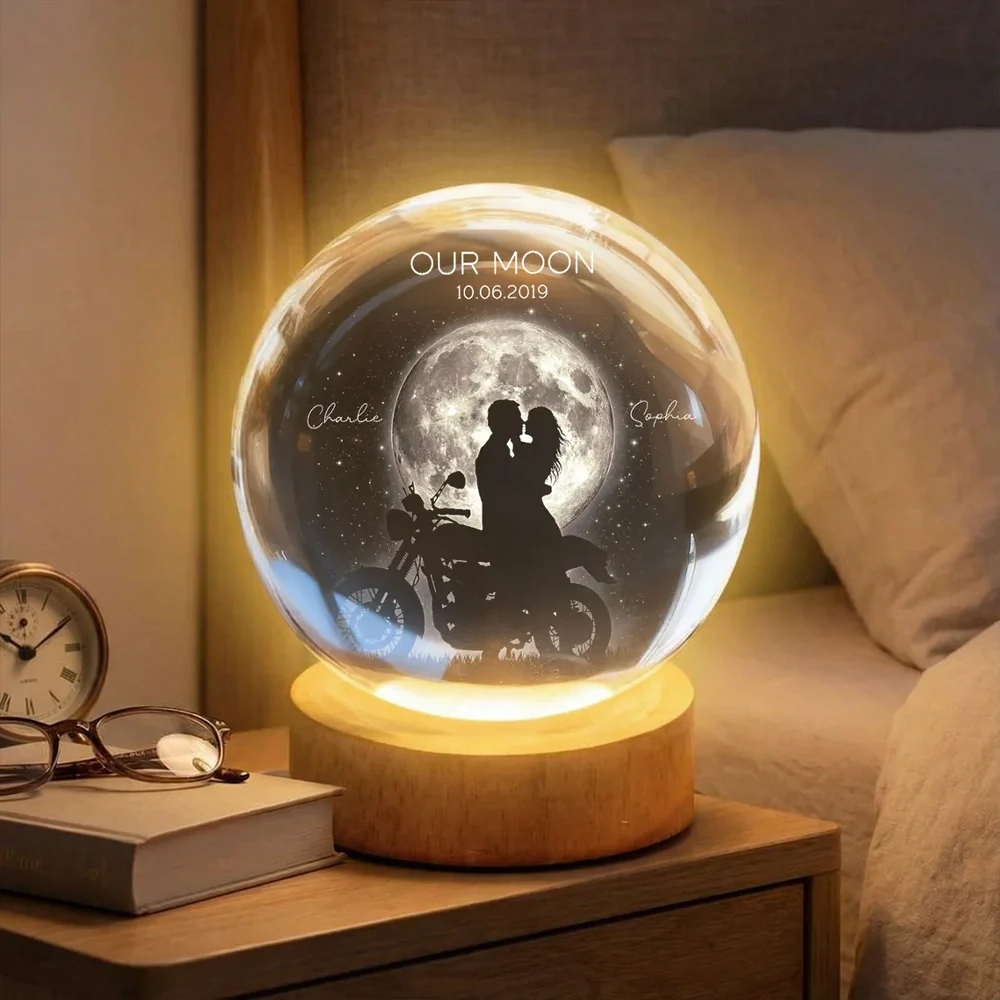 Personalized Globe Lamp with Kissing Biker Couple in Moonlight, Unique Romantic Gift for Him or Her