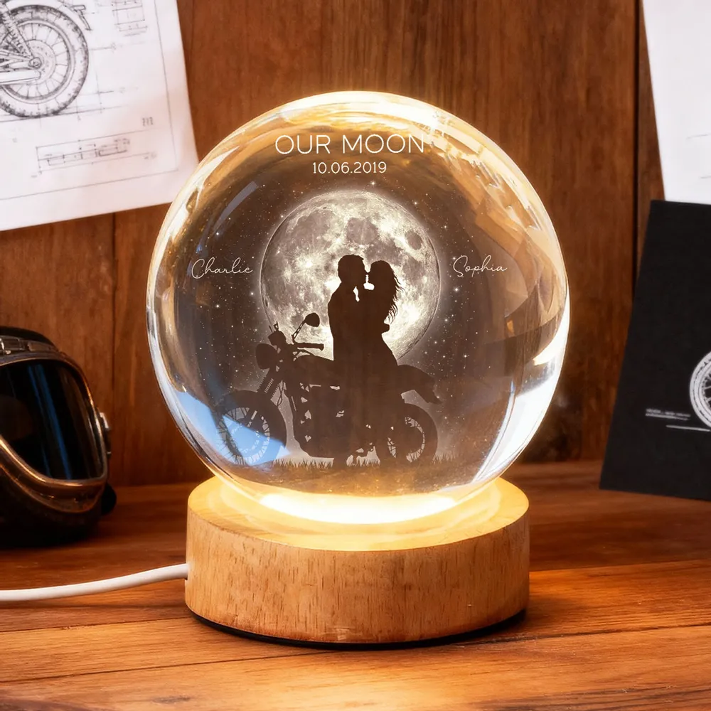 Personalized Globe Lamp with Kissing Biker Couple in Moonlight, Unique Romantic Gift for Him or Her - Image 6