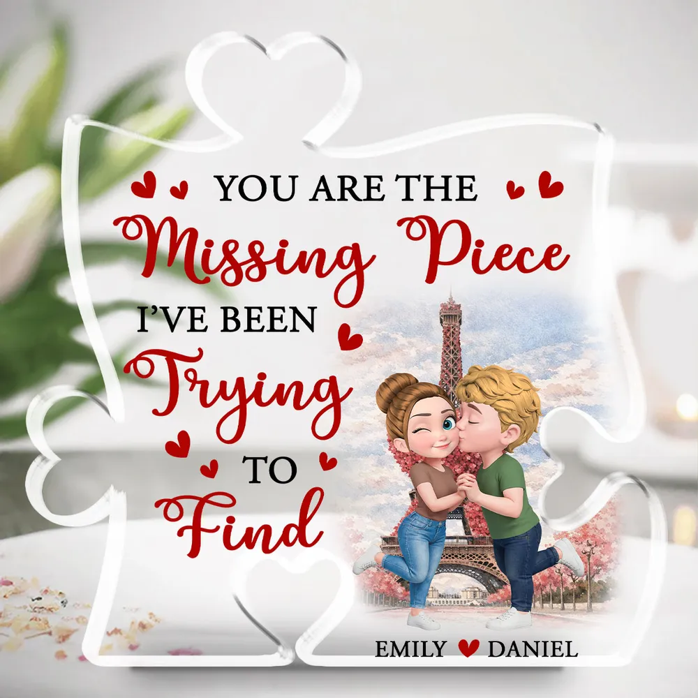 Personalized Puzzle Acrylic Block Plaque You Are The Missing Piece Cute Cartoon Couple Kissing, Unique Anniversary Gift - Image 3