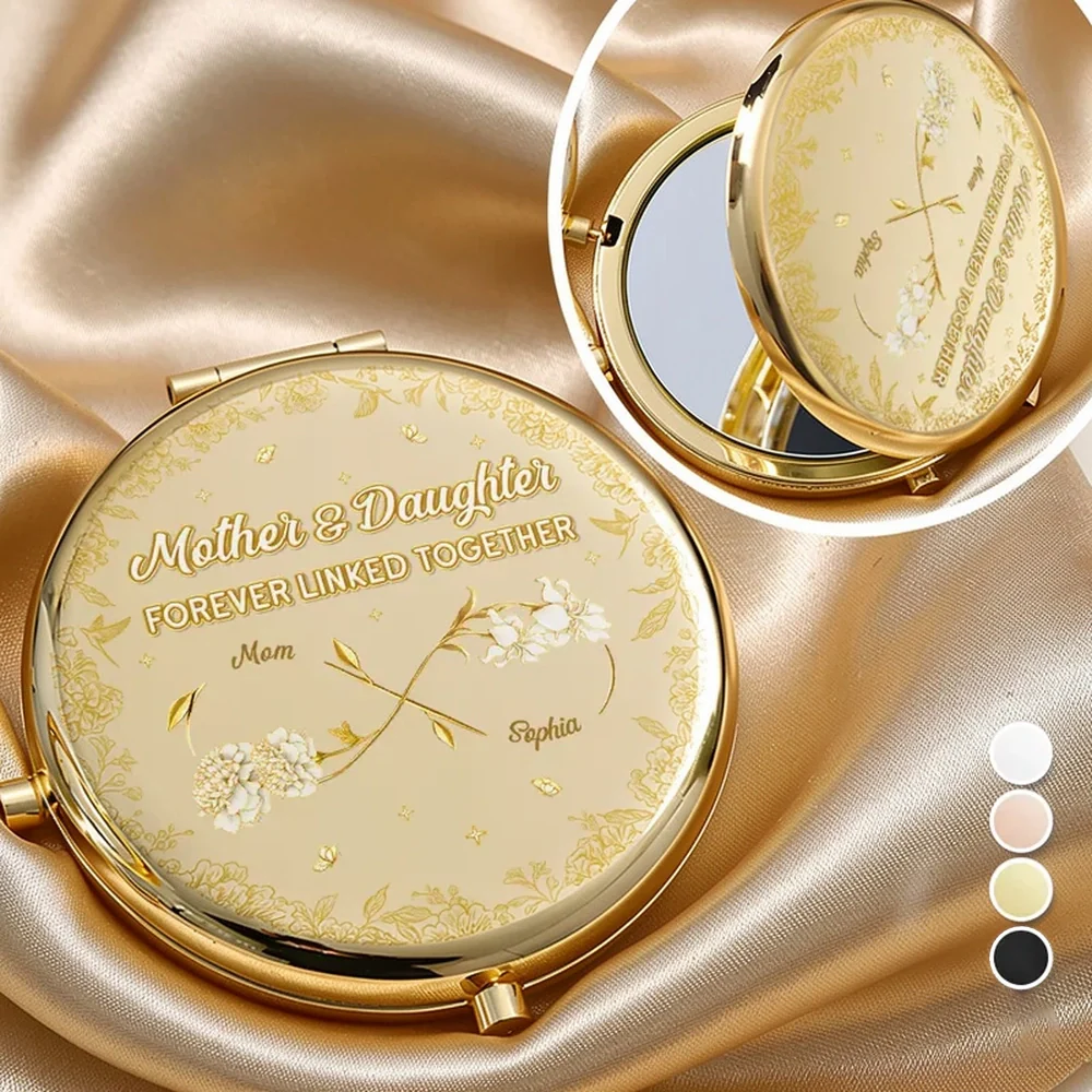 Mother & Daughter Forever Linked Together Metal Compact Mirror, Personalized Floral Pocket Mirror, Sweet Everyday Gift for Mom