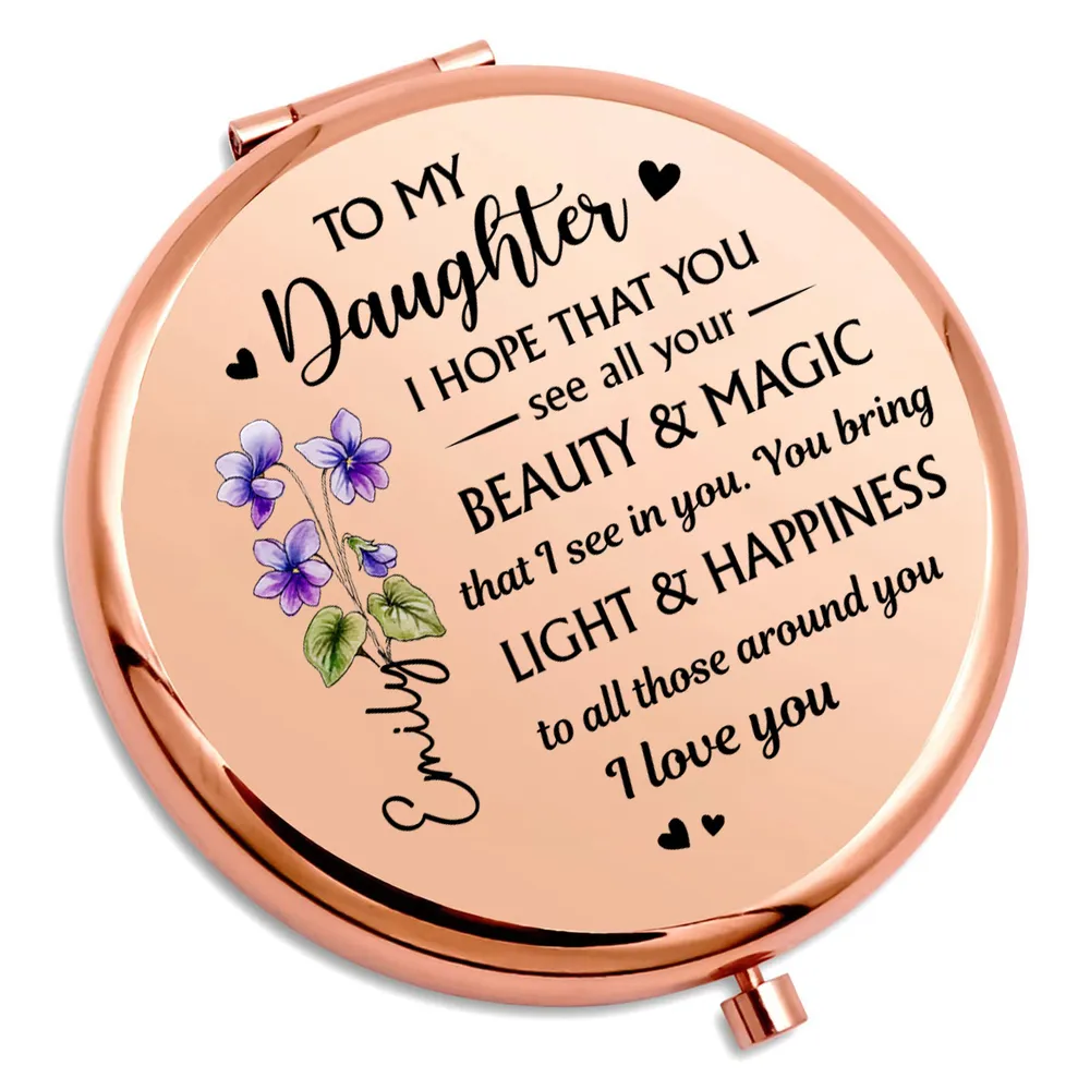 Personalized Metal Compact Mirror for Daughter, Beauty & Magic Quote with Floral Art, Unique Gift for Everyday Smiles - Image 3