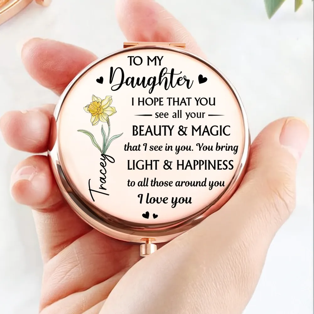 Personalized Metal Compact Mirror for Daughter, Beauty & Magic Quote with Floral Art, Unique Gift for Everyday Smiles - Image 4