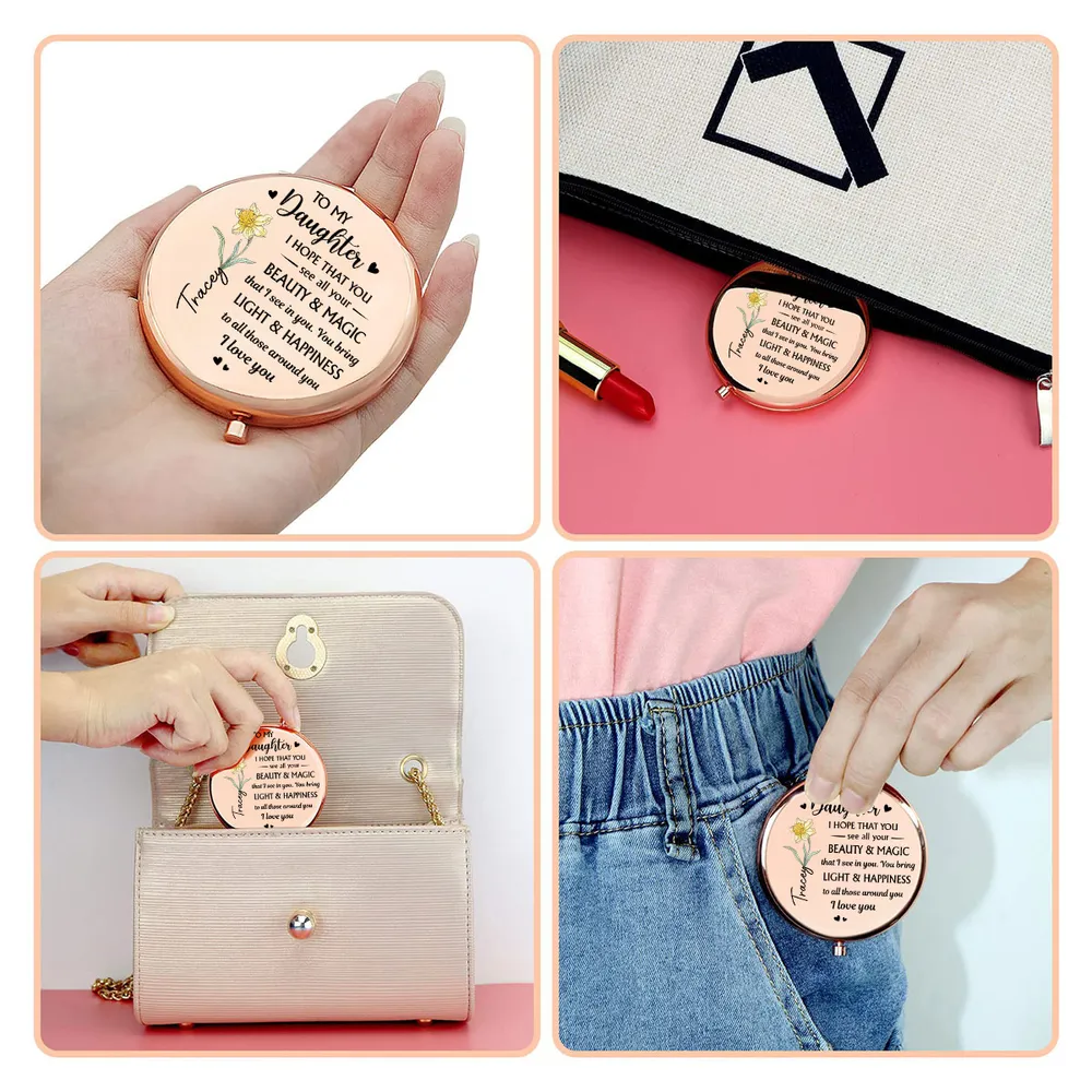 Personalized Metal Compact Mirror for Daughter, Beauty & Magic Quote with Floral Art, Unique Gift for Everyday Smiles - Image 5