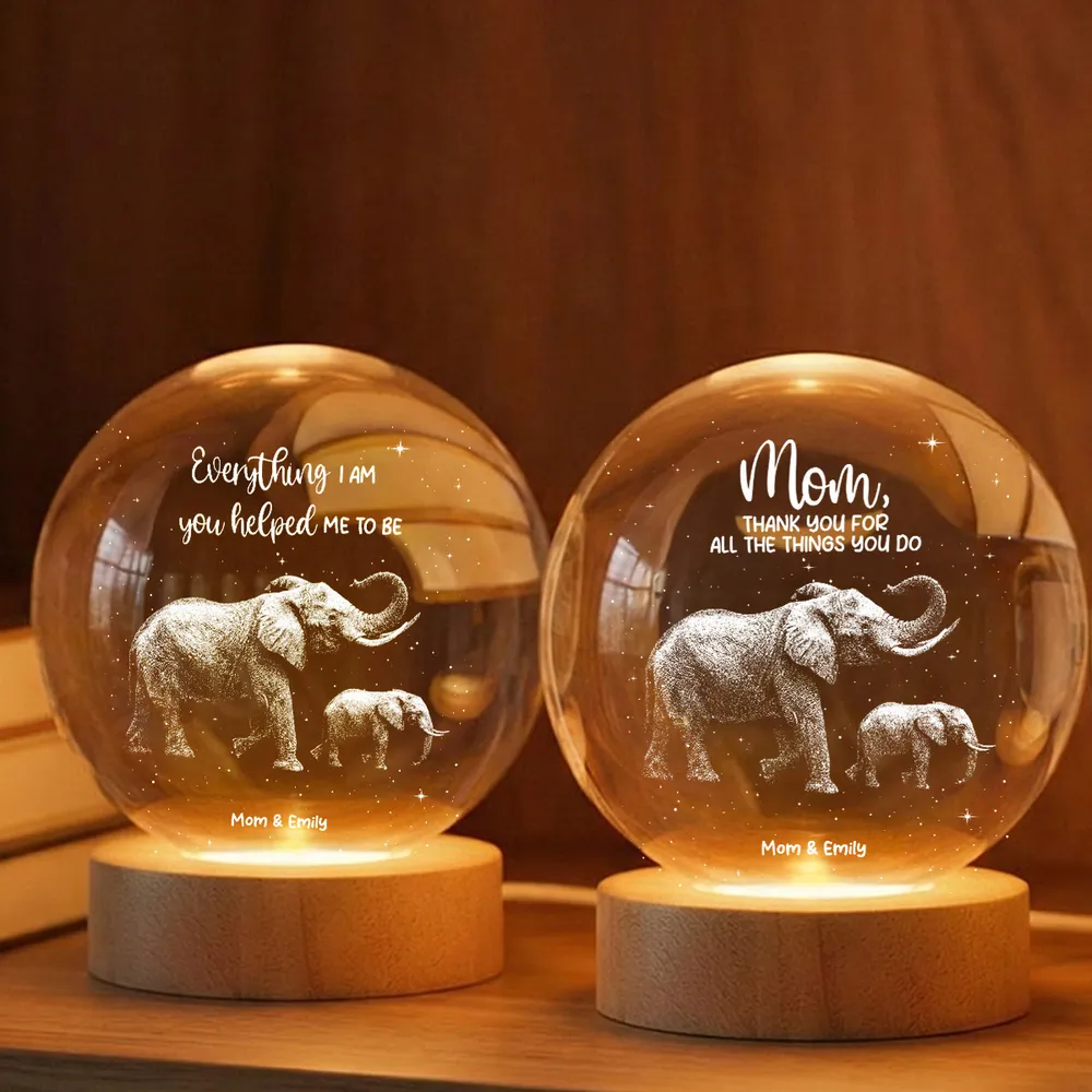 Custom Globe Lamp Night Light with Elephant Mom and Baby, Heartwarming Keepsake Gift for Mom - Image 3