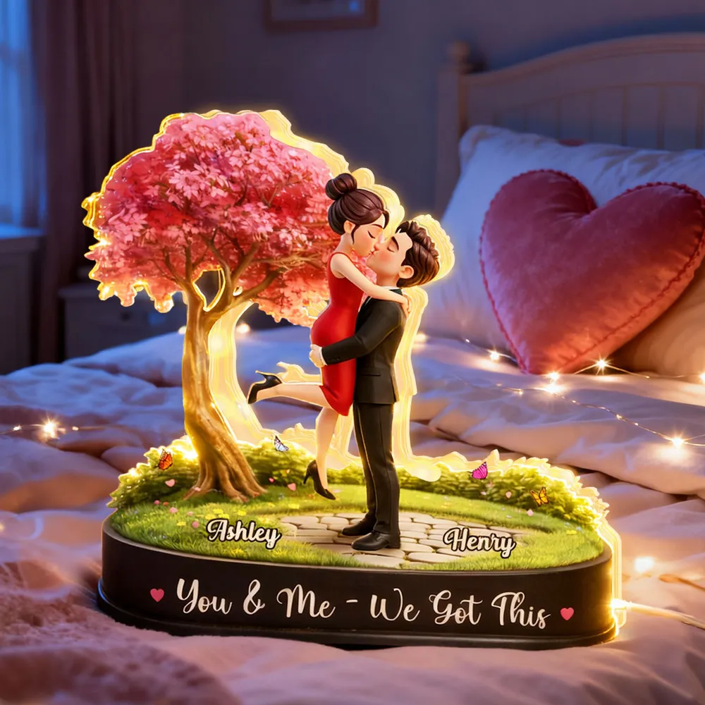 Personalized Acrylic Light Box Kissing Couple Under Pink Tree Night Sky, Warm Glow Unique Romantic Gift for Her or Him - Image 3