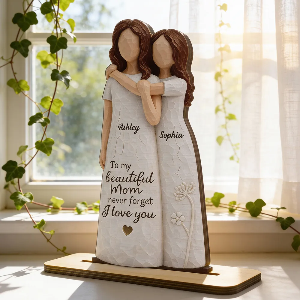 2-Layer Wooden Plaque Personalized for Mom, Sweet Mom and Daughter Hug Decor, Unique Gift With 'Never Forget I Love You' - Image 2
