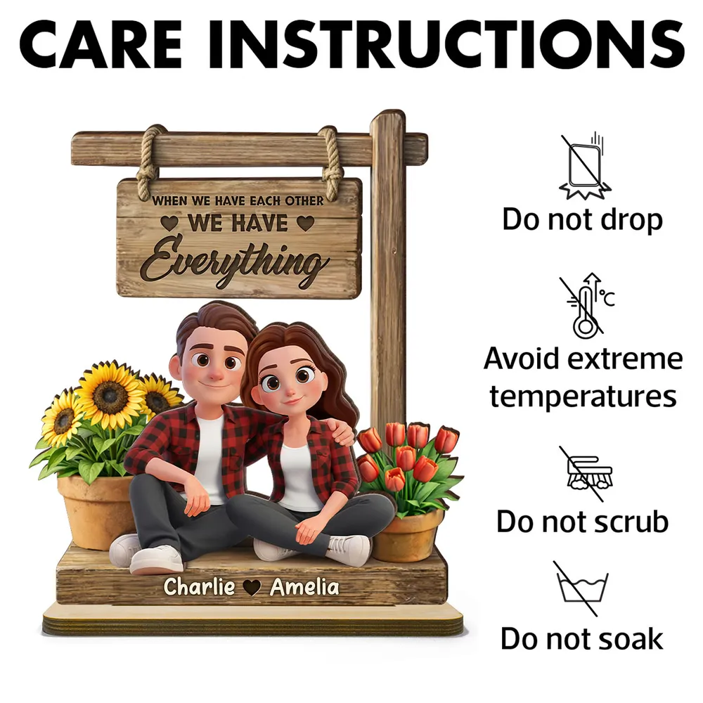 Personalized 2-Layer Wooden Plaque Cute Cartoon Couple Sitting Together, 'We Have Everything' Sign, Unique Gift for Him or Her - Image 5