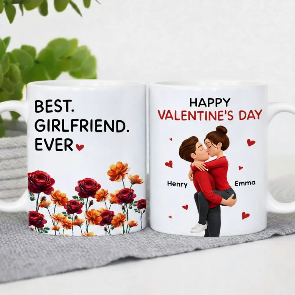Personalized Valentine's Day Couple Kissing White Ceramic Mug with Birth Flowers, Cute Romantic Gift for Girlfriend or Boyfriend - Image 5