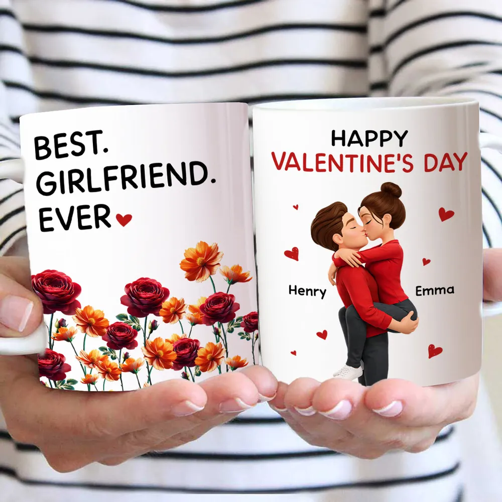 Personalized Valentine's Day Couple Kissing White Ceramic Mug with Birth Flowers, Cute Romantic Gift for Girlfriend or Boyfriend - Image 6