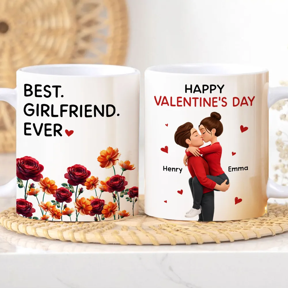 Personalized Valentine's Day Couple Kissing White Ceramic Mug with Birth Flowers, Cute Romantic Gift for Girlfriend or Boyfriend - Image 7