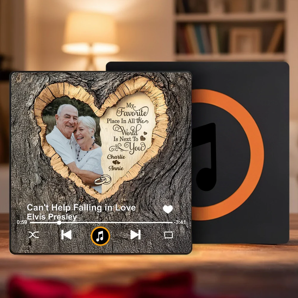 Personalized Acrylic Music Magnet with Couple Photo Heart Woodgrain Look, Romantic Fridge Decor, Unique Gift for Him or Her