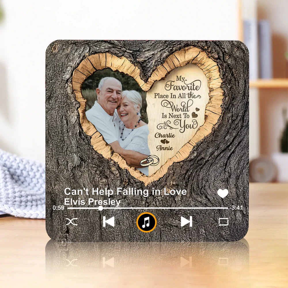 Personalized Acrylic Music Magnet with Couple Photo Heart Woodgrain Look, Romantic Fridge Decor, Unique Gift for Him or Her - Image 2