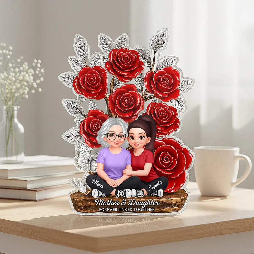 Mother and Daughter Forever Linked Together Shaped Acrylic Block Plaque, Personalized Keepsake Gift for Mom, Rose Decor - Image 2