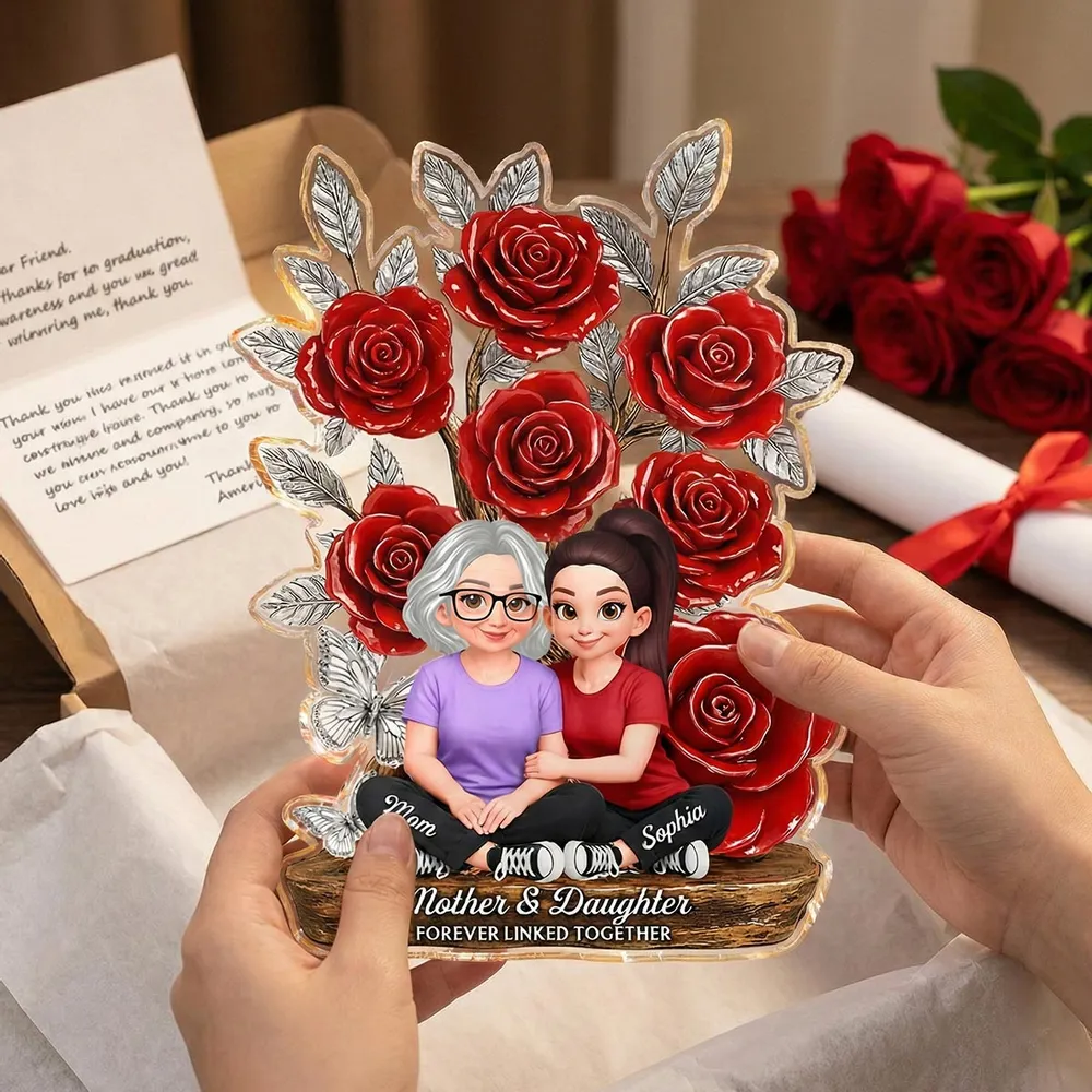 Mother and Daughter Forever Linked Together Shaped Acrylic Block Plaque, Personalized Keepsake Gift for Mom, Rose Decor - Image 6