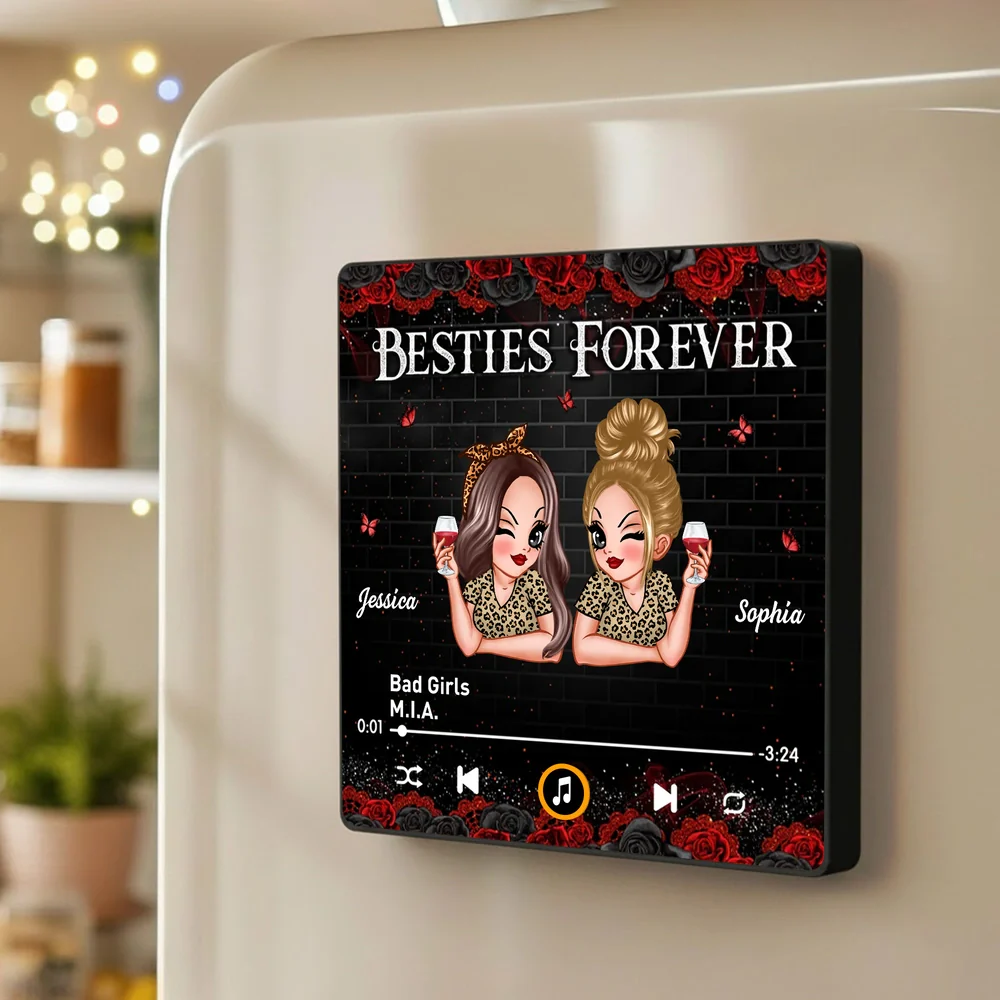 Acrylic Music Magnet Besties Forever Friendship Gift, Personalized Cute Leopard Outfit Bestie Art for Fridge Decor and Everyday Smiles - Image 2