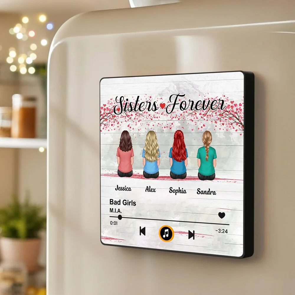 Personalized Acrylic Music Magnet Sisters Forever Back View Sitting Friends, Cute Fridge Decor, Unique Gift for Sister - Image 2