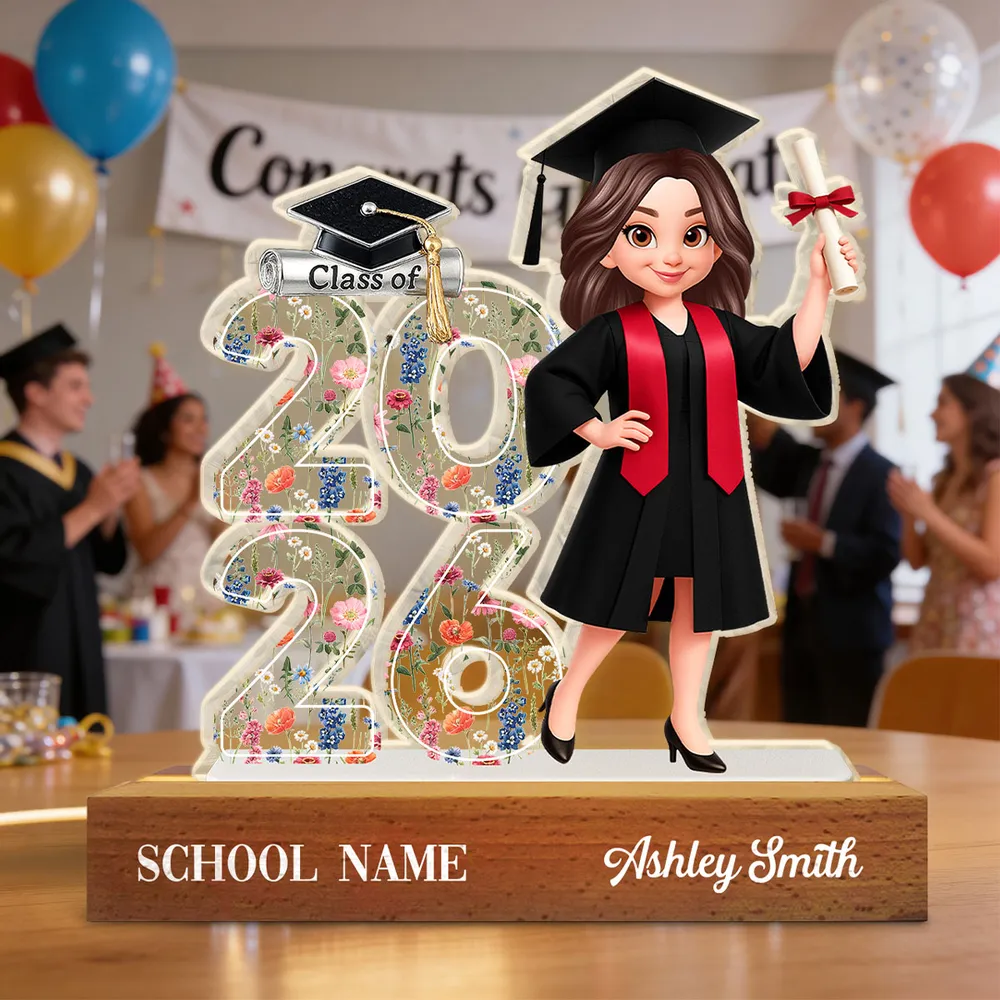 Senior Floral Block LED Light Plaque, Class Of Keepsake with Cap and Diploma Design, Creative Gift for Graduates - Image 2