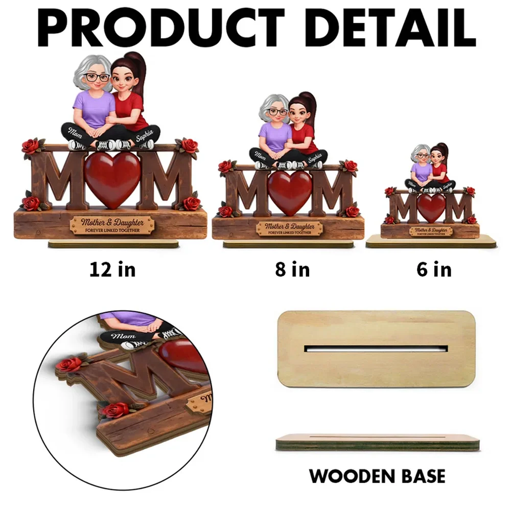 Personalized 2-Layer Wooden Plaque Mother & Daughter Forever Linked Together, MOM Heart Roses, Unique Gift for Mom - Image 4